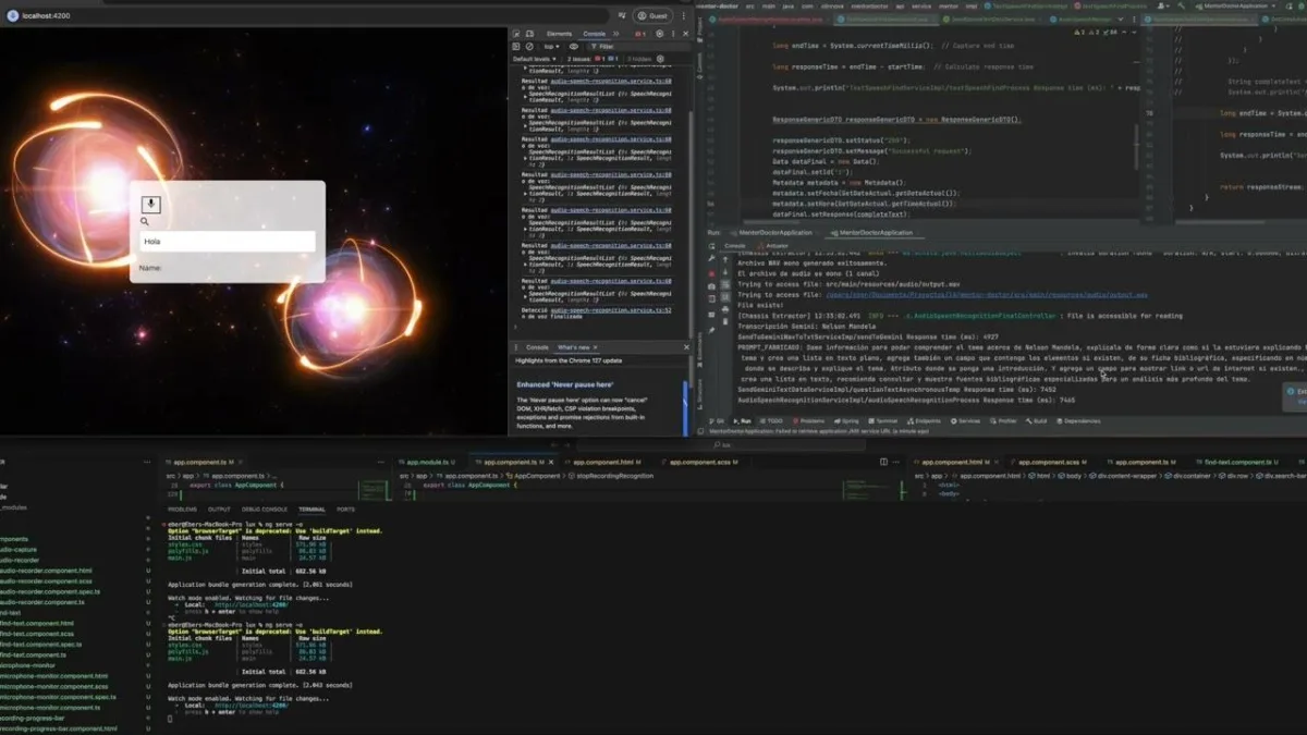 Voice AI tutor demo: Angular interface, browser console and Java backend showing the transcription and the answer