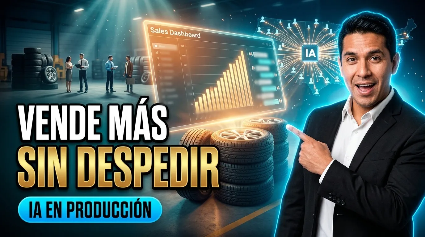 Vende más sin despedir: IA en producción. Un tablero de ventas al alza sobre una bodega de llantas.